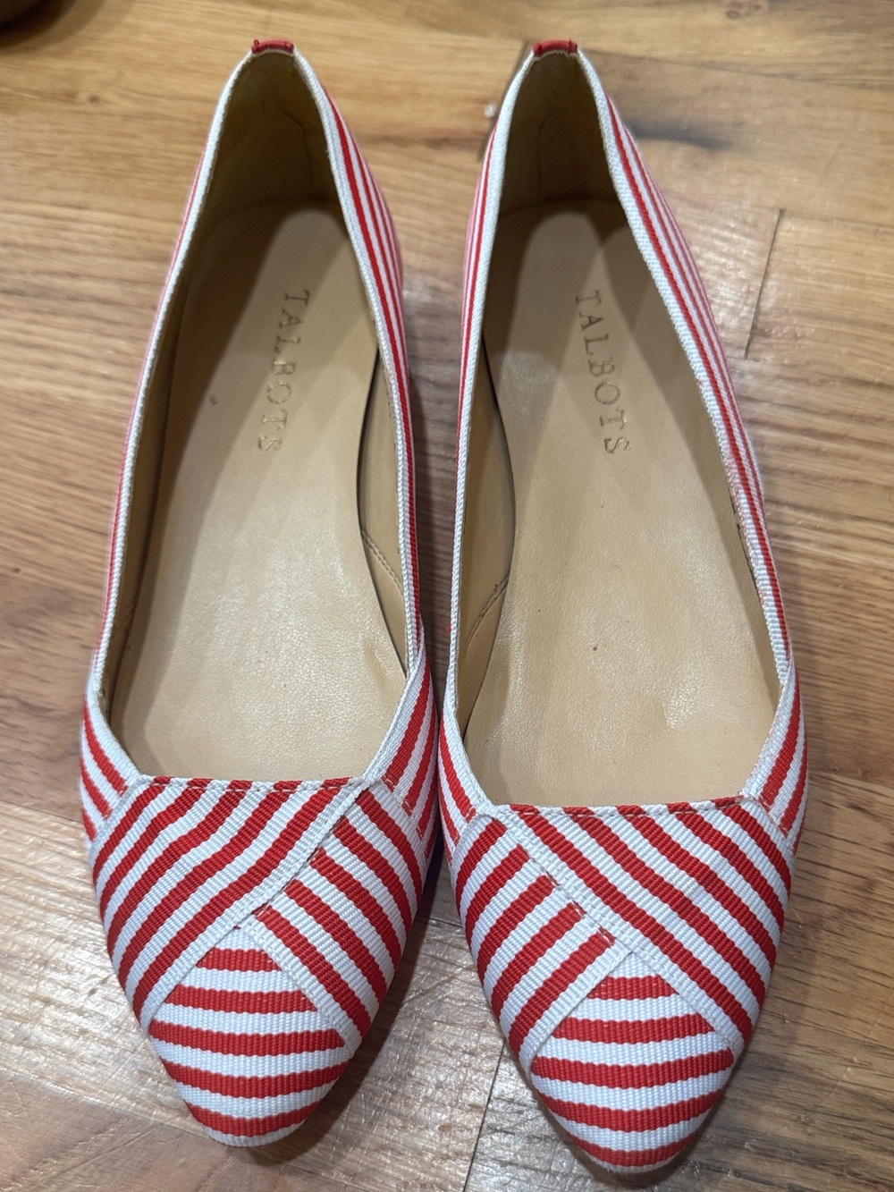 Talbots Red & White Striped Fabric Pointed Toe Flats | Leather Sole | Size 5.5M